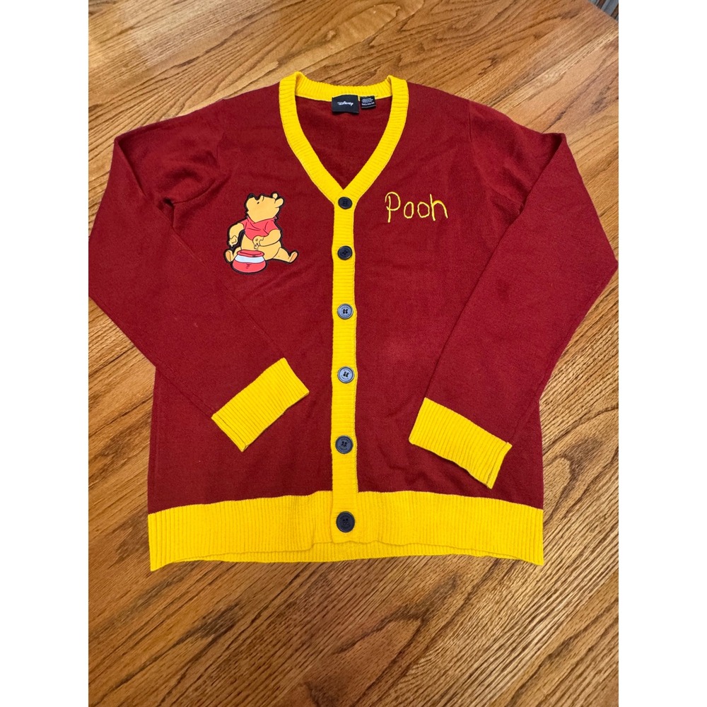 Disney Winnie the Pooh Cardigan Sweater Burgundy Yellow Varsity Knit Medium